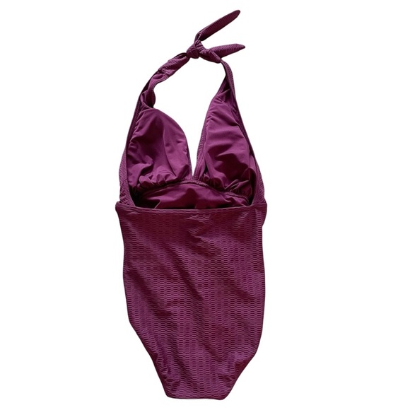 Kate Spade New York Textured Belted Halter Swimsuit Medium Deep Plunge Purple - Picture 2 of 10